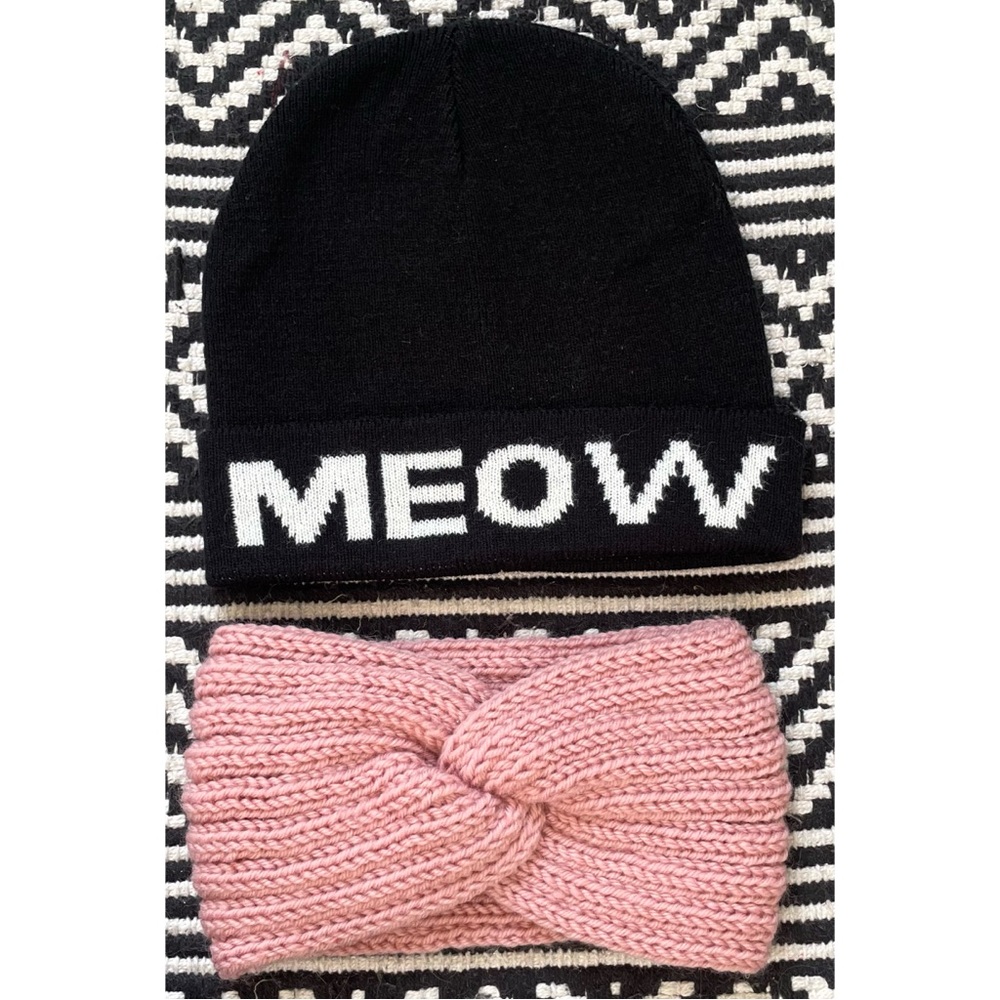Meow Knit Beanie & Pink Knit Headband Bundle